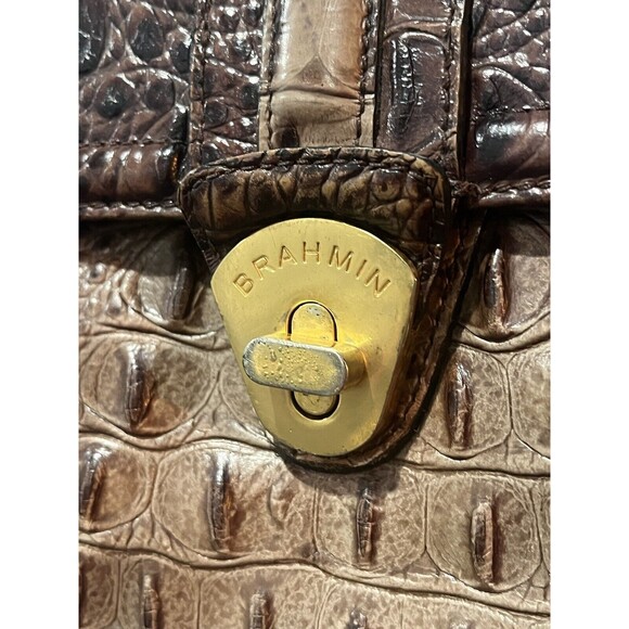 BRAHMIN Purse Croc Embossed Leather Shoulder Handbag Brown Green Chain Turn Lock - Picture 5 of 16